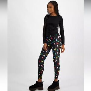 Planet Heart Glitter Lightbulb Holiday Leggings Black Festive Print NWT Size M
